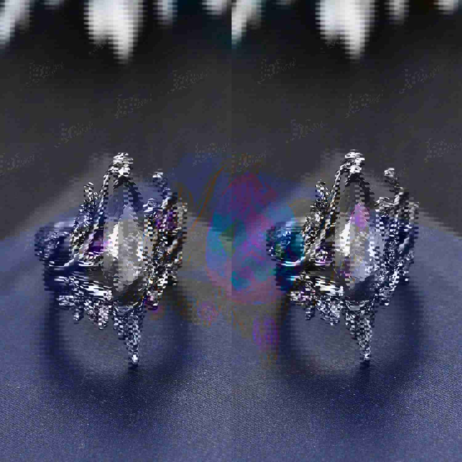 Gothic 14K Black Gold Color-Change Alexandrite Amethyst Bridal Set Nature Inspired Pear Wedding Ring Set for Women Unique Anniversary Gifts