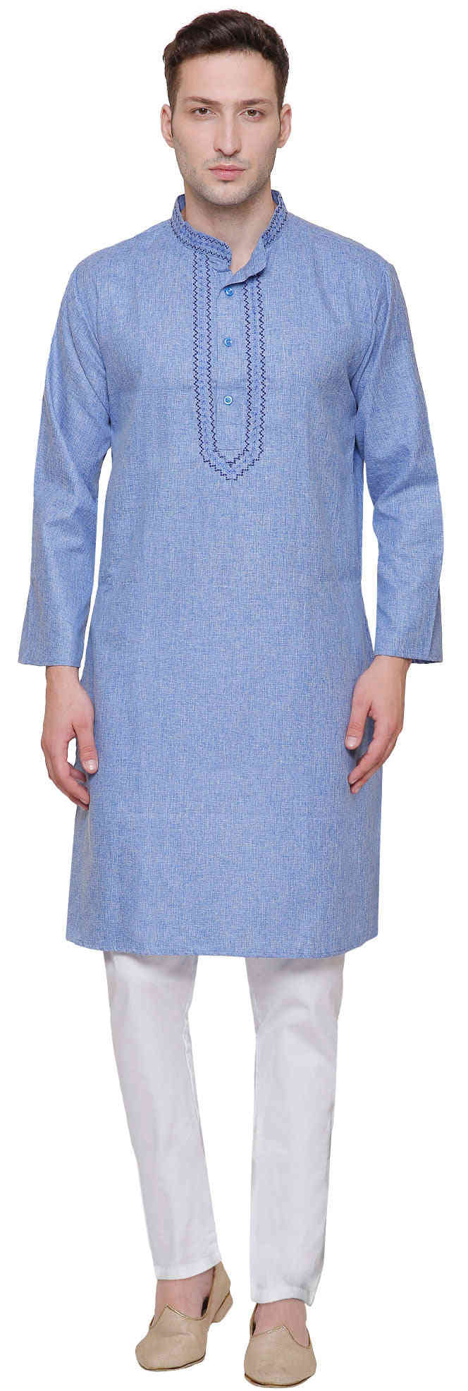 Cotton Embroidered Mens Kurta Pajama Set (Blue) - Traditional Indian Clothing