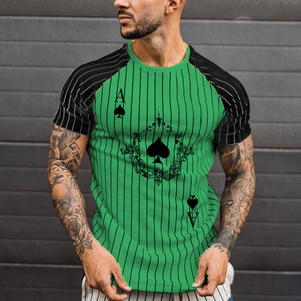 Men's Striped T-Shirt Summer Casual Round Neck Short Sleeve Poker Print Top