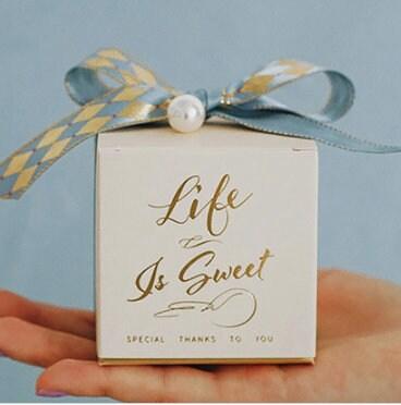 20pcs Checked Ribbon Bronzing Wedding Favor Boxes