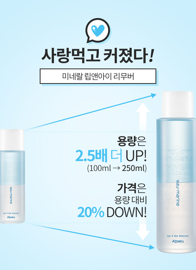 APIEU Mineral Lip & Eye Remover (Eau-Marine) 250ml - Gentle Makeup Remover for Waterproof & Long-Lasting Makeup