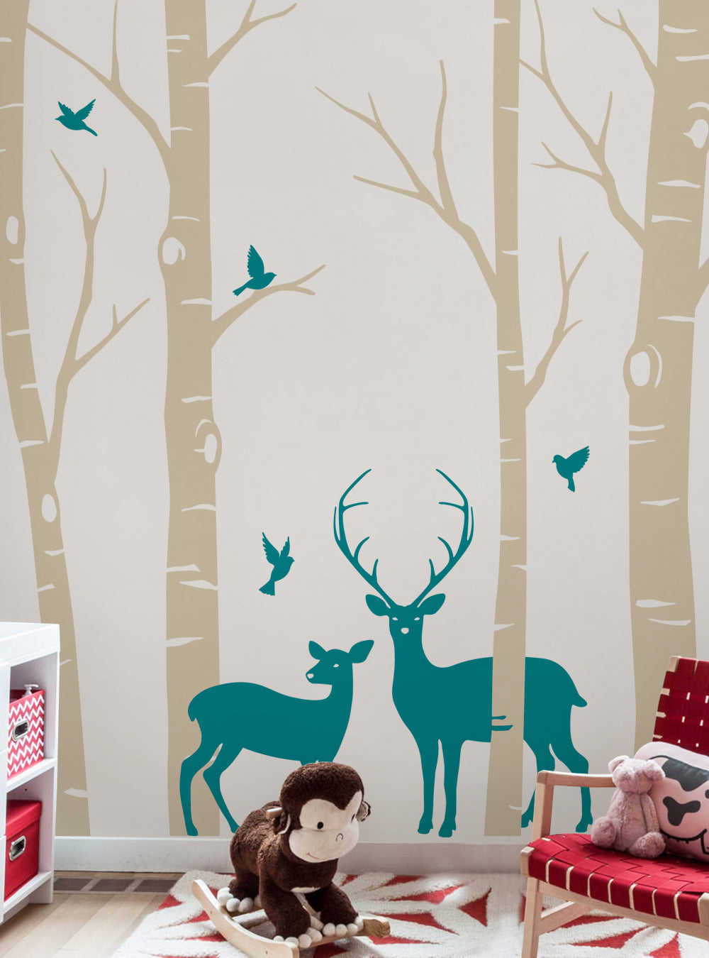 Birch Tree with Deer and Bird Wall Decals - Customizable Home Decor