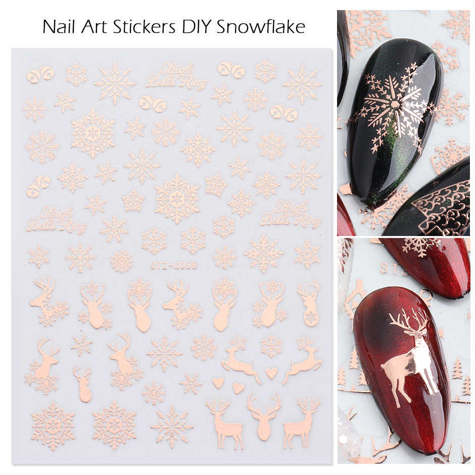 9 Sheets Christmas Nail Art Stickers - 3D Rose Gold Snowflake Elk Pattern DIY Decals for Women Girls Kids