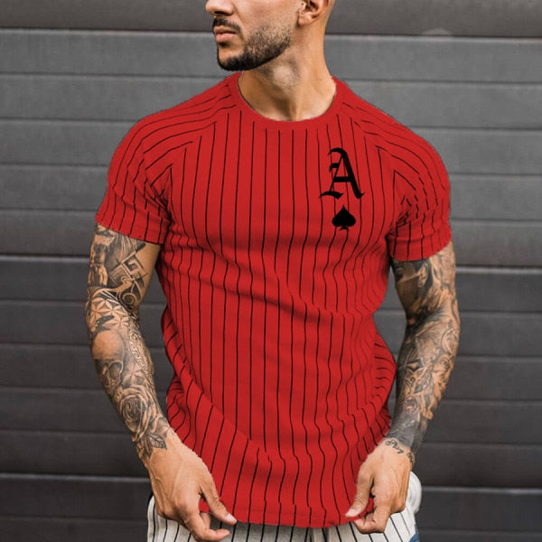 Men's Striped T-Shirt Summer Casual Round Neck Short Sleeve Poker Print Top