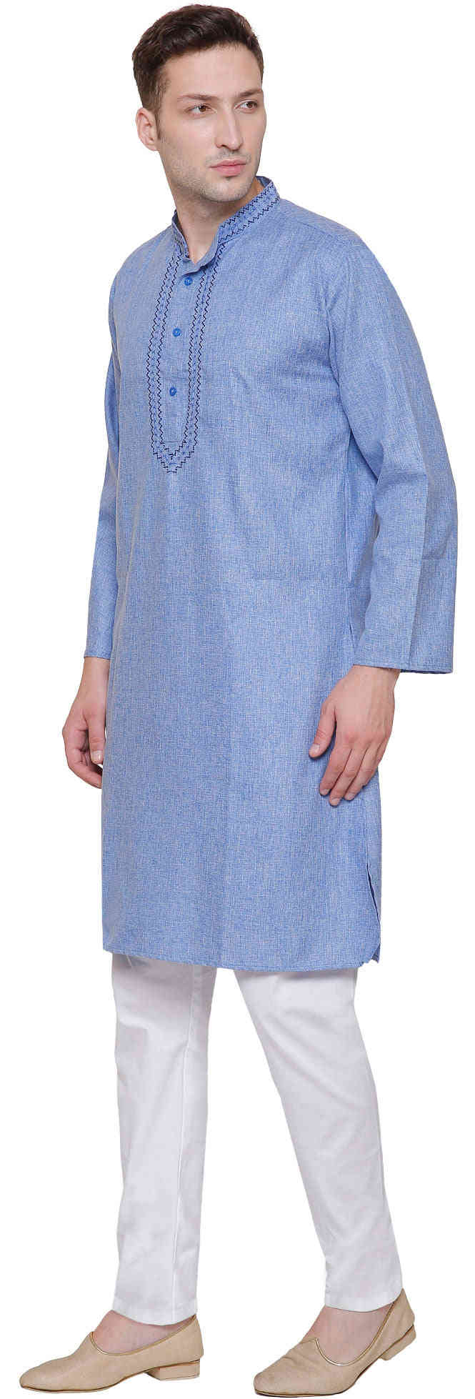 Cotton Embroidered Mens Kurta Pajama Set (Blue) - Traditional Indian Clothing