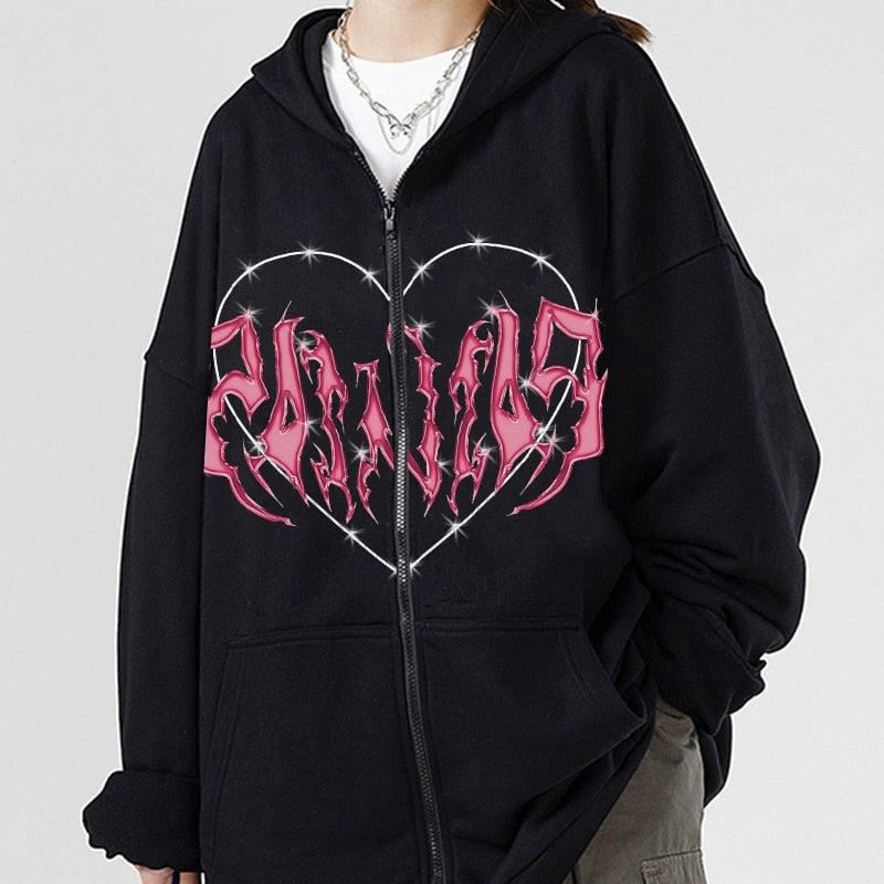 Women's Zip Up Hoodie - Goth Punk Pocket Print Long Sleeve Jacket