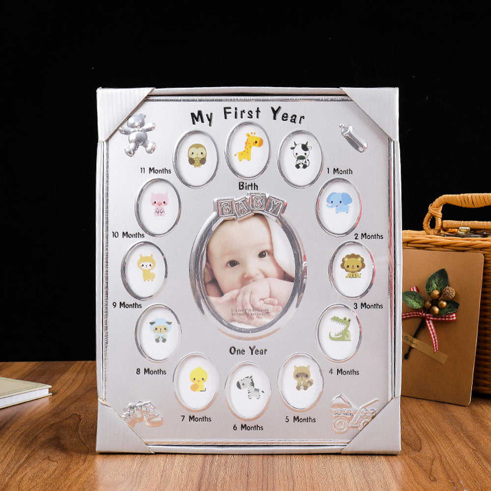 Baby's First Year Picture Photo Frame - Newborn Baby Shower Gift in Silver