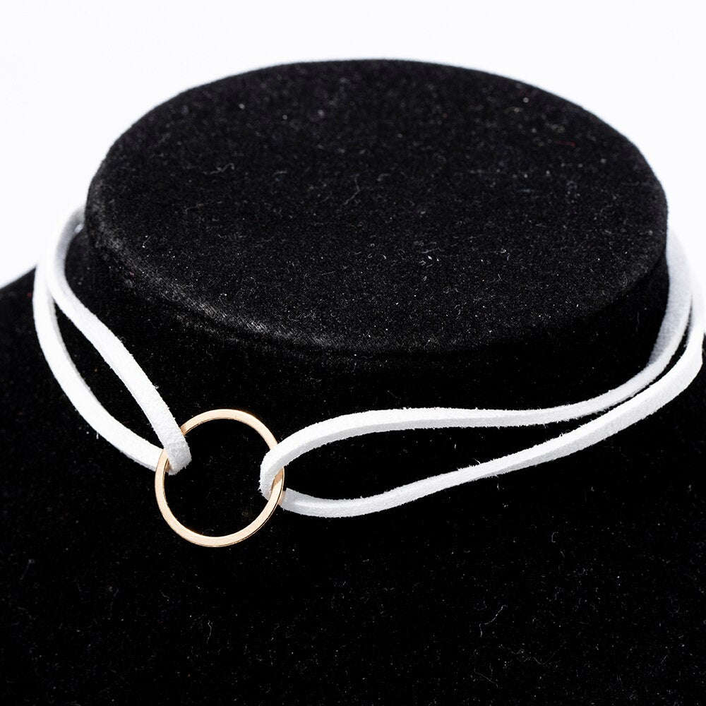 Punk Black White Brown Leather Choker Necklace with Gold Geometry Pendant for Women and Girls