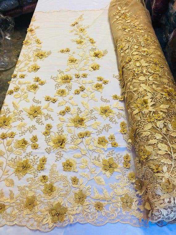 Gold 3D Floral Design Embroidered and Beaded Mesh Lace for Dresses and Decor