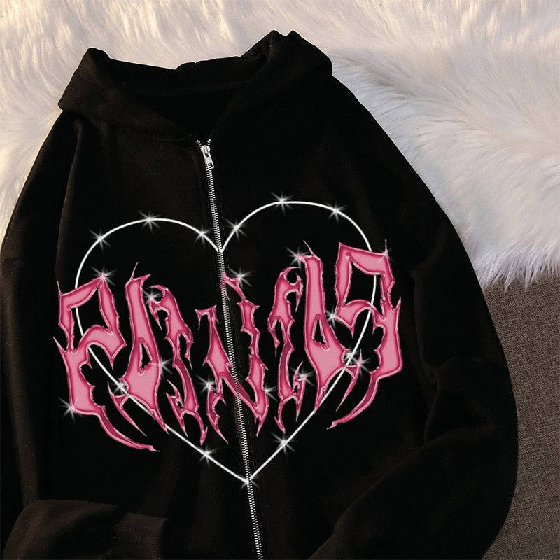 Women's Zip Up Hoodie - Goth Punk Pocket Print Long Sleeve Jacket