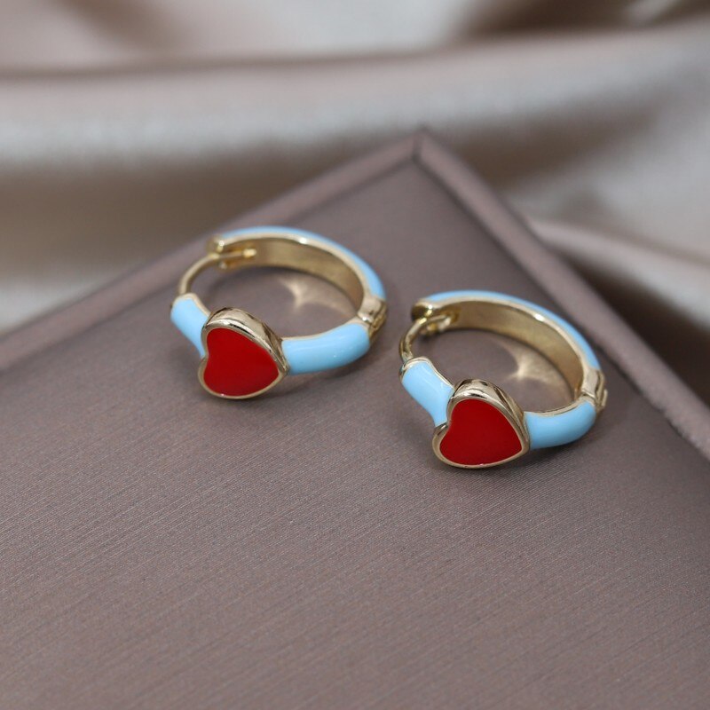 Korean Design Simple Enamel Red Love Small Hoop Earrings - Sweet Girl Gift for Women's Daily Accessories
