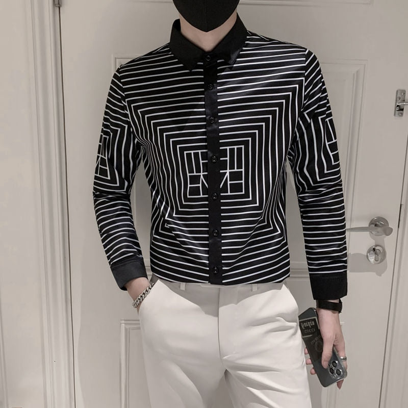 Black White Rectangle Lines Printed Long Sleeve Shirt