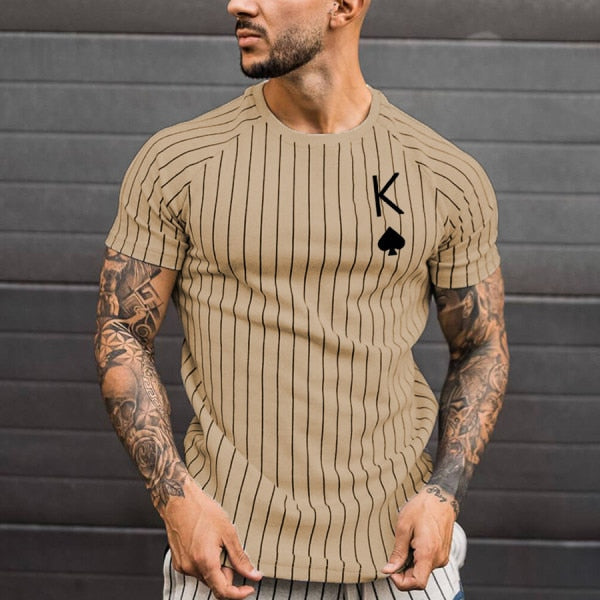 Men's Striped T-Shirt Summer Casual Round Neck Short Sleeve Poker Print Top