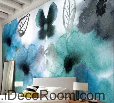 Abstract Watercolor Blue Flowers Wallpaper Wall Decals - Home Decor Gift