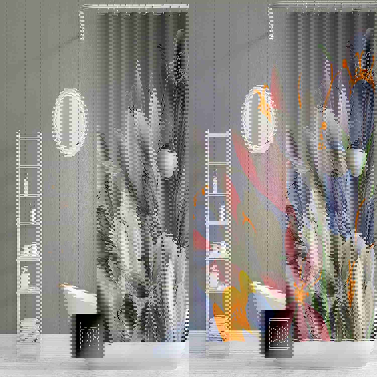 Gray Floral Shower Curtain - Long & Extra Long Options | Machine Washable
