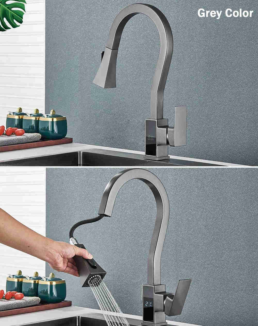 MIRODEMI® Pull Out Digital Temperature Display Flexible Kitchen Faucet