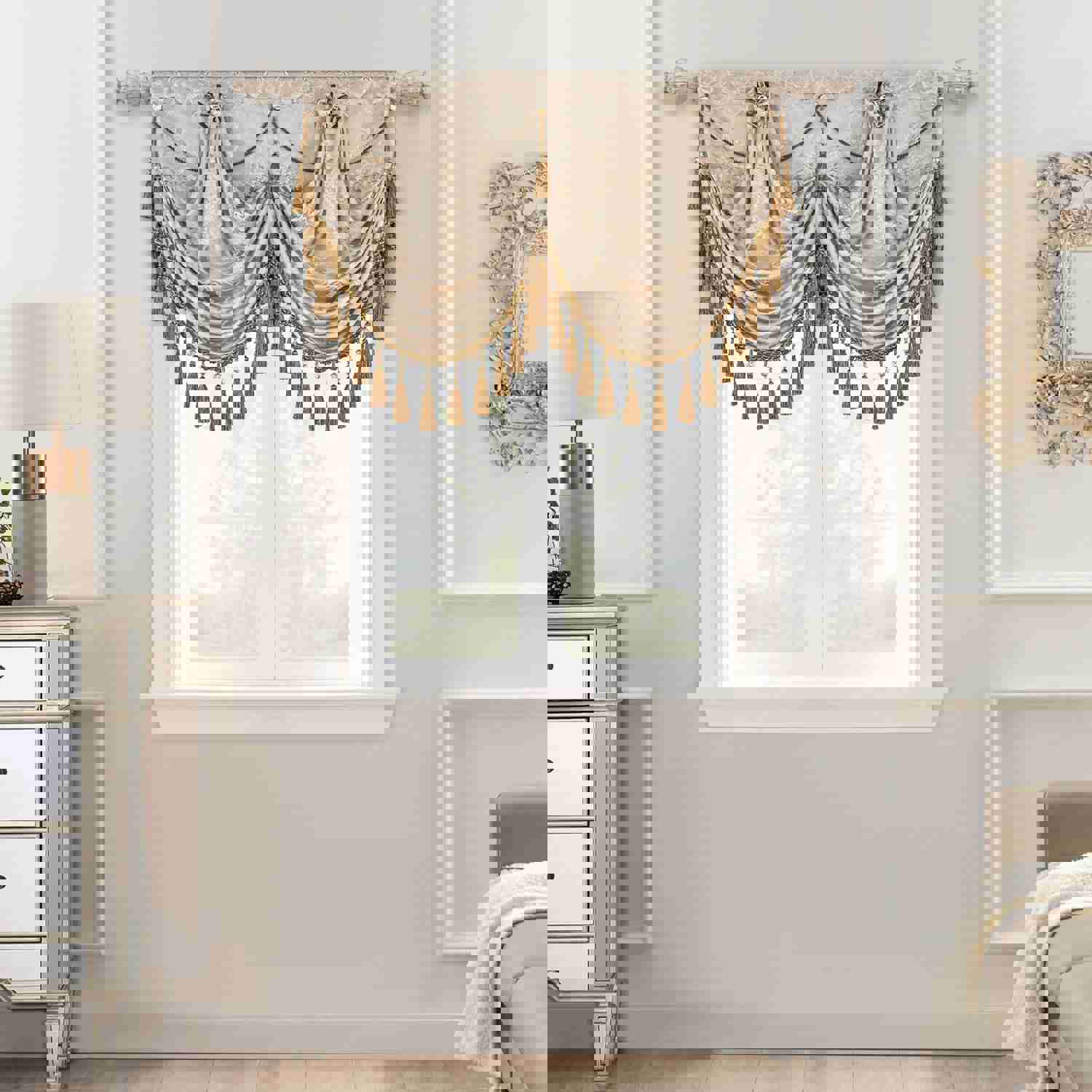 Palace Swag Valance - Elegant Sand Jacquard Fabric Window Treatment