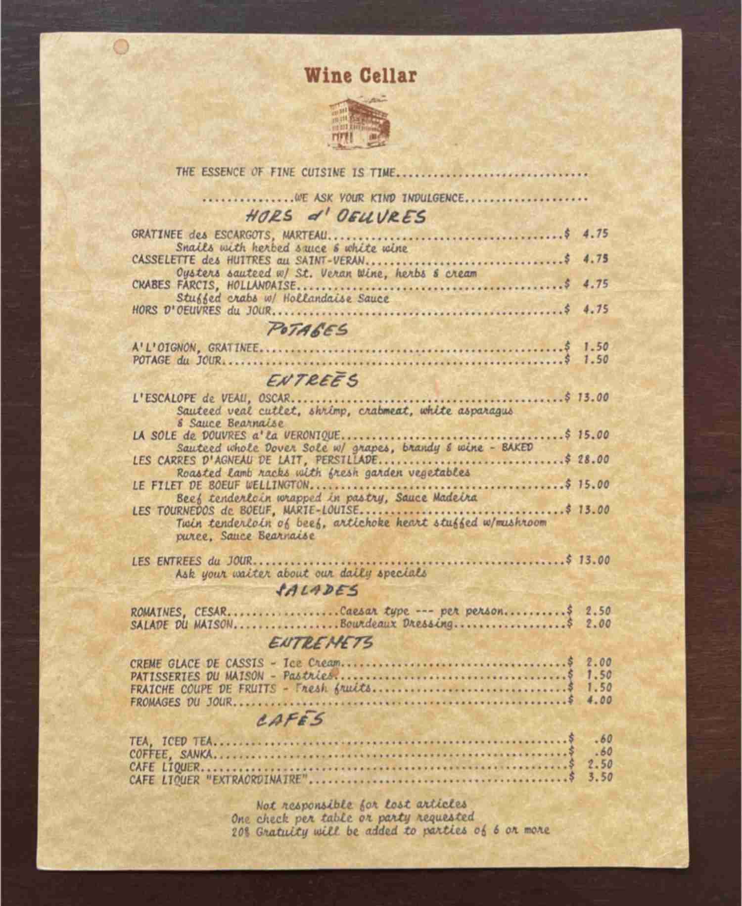 Vintage Menu from WINE CELLAR Restaurant, California