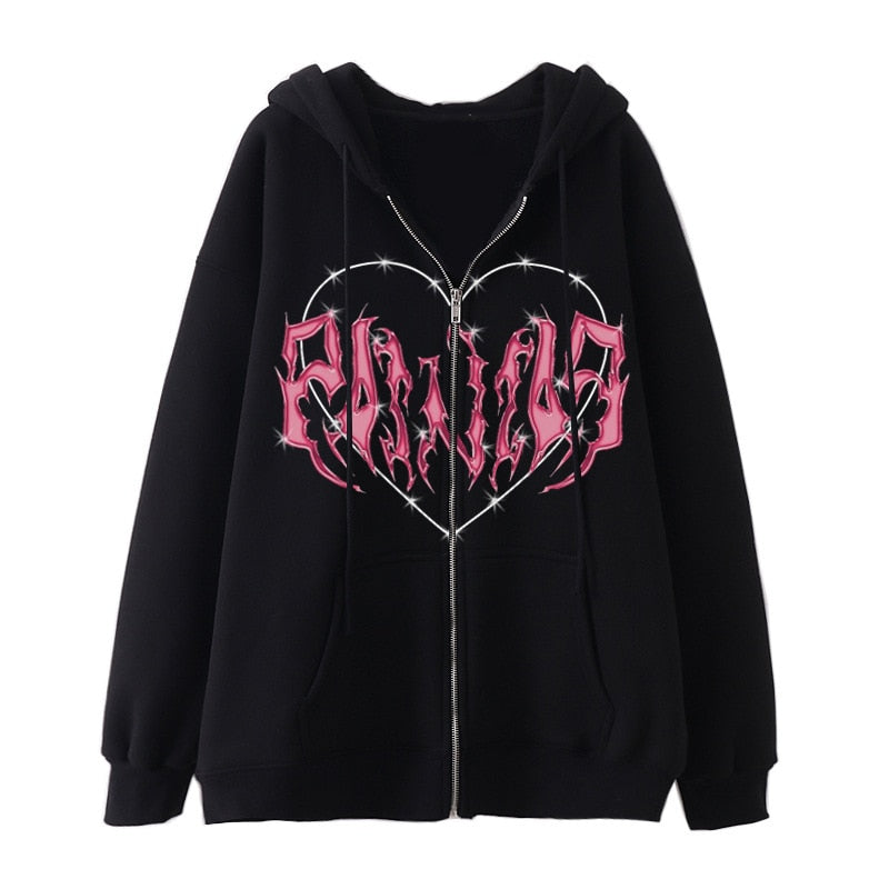 Women's Zip Up Hoodie - Goth Punk Pocket Print Long Sleeve Jacket