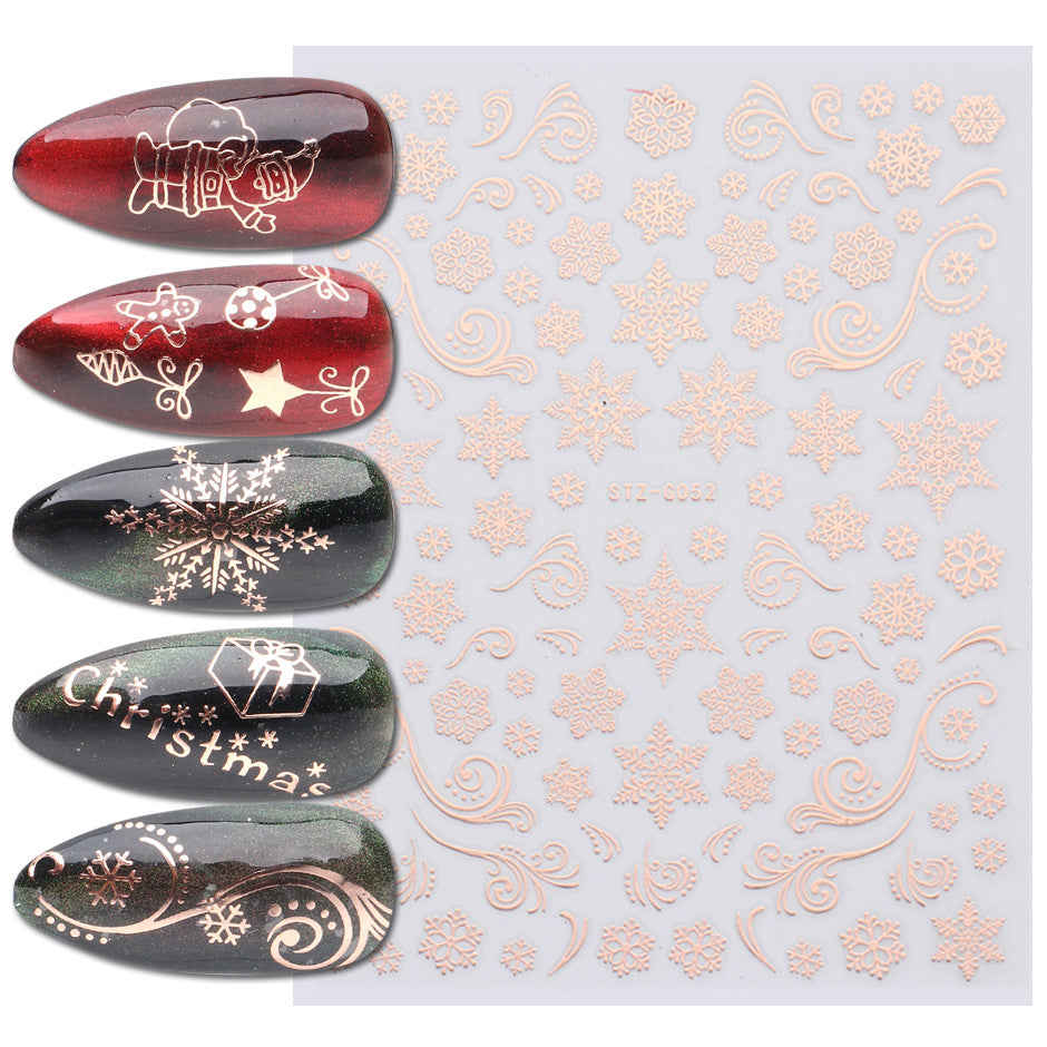 9 Sheets Christmas Nail Art Stickers - 3D Rose Gold Snowflake Elk Pattern DIY Decals for Women Girls Kids
