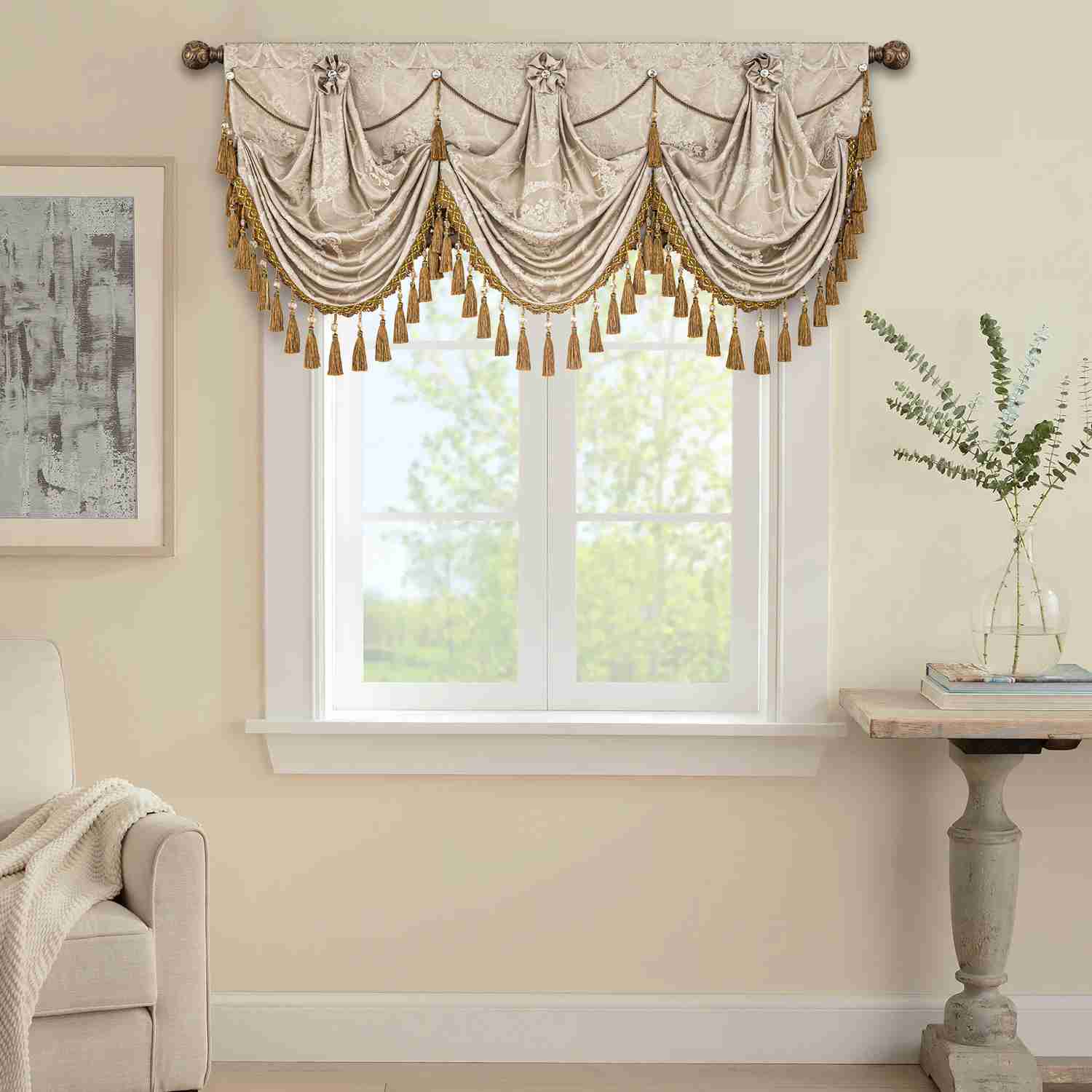Palace Swag Valance - Elegant Sand Jacquard Fabric Window Treatment
