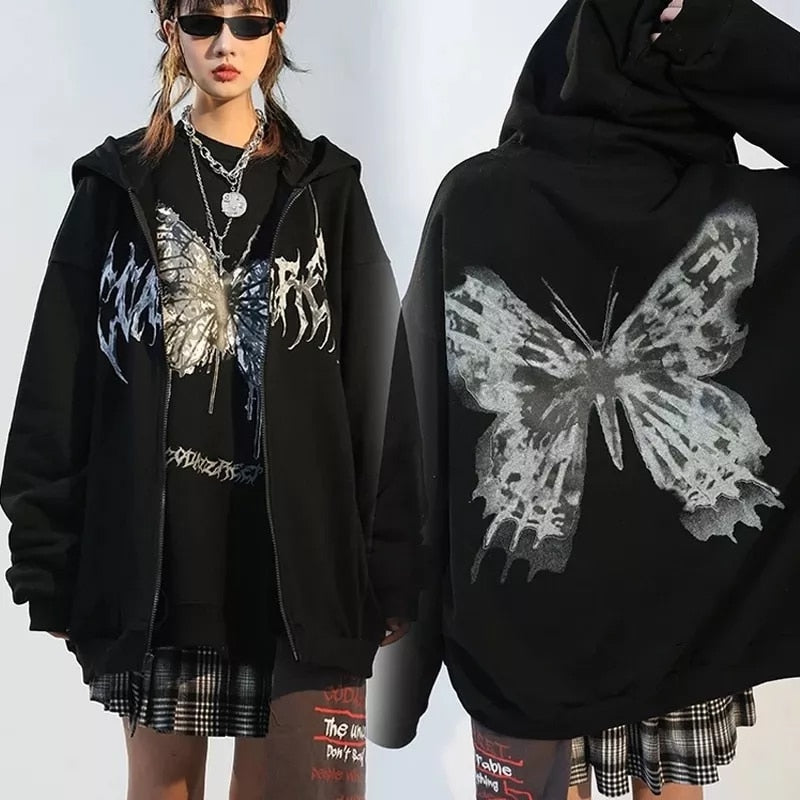 Women's Zip Up Hoodie - Goth Punk Pocket Print Long Sleeve Jacket