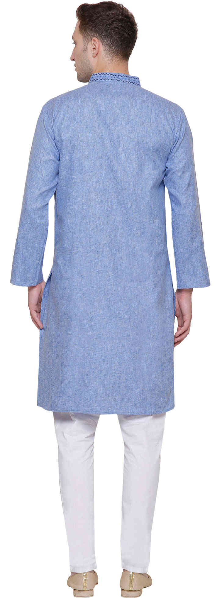 Cotton Embroidered Mens Kurta Pajama Set (Blue) - Traditional Indian Clothing