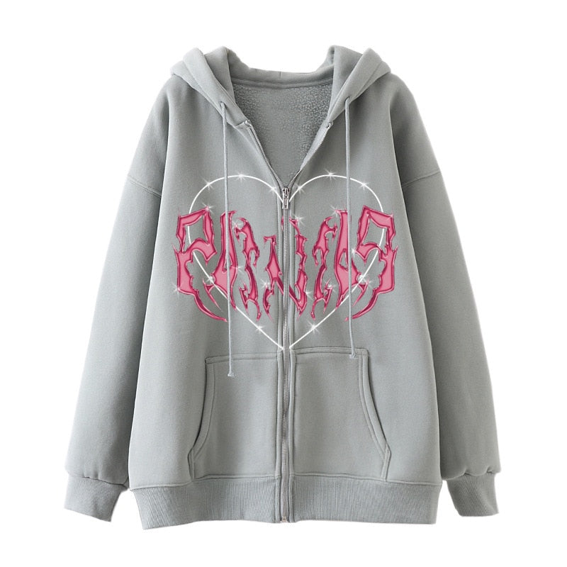 Women's Zip Up Hoodie - Goth Punk Pocket Print Long Sleeve Jacket