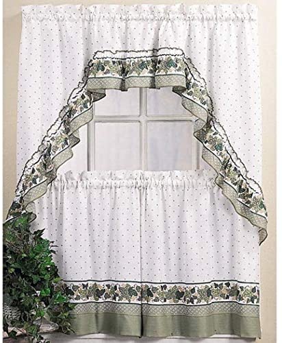 24 Inch Green Color Tier & Swag Window Curtain Set with Bohemian Floral Print