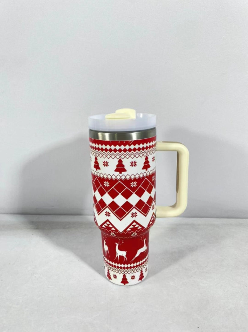 New Christmas Pattern Stainless Steel Vacuum Tumbler with Handle and Straw