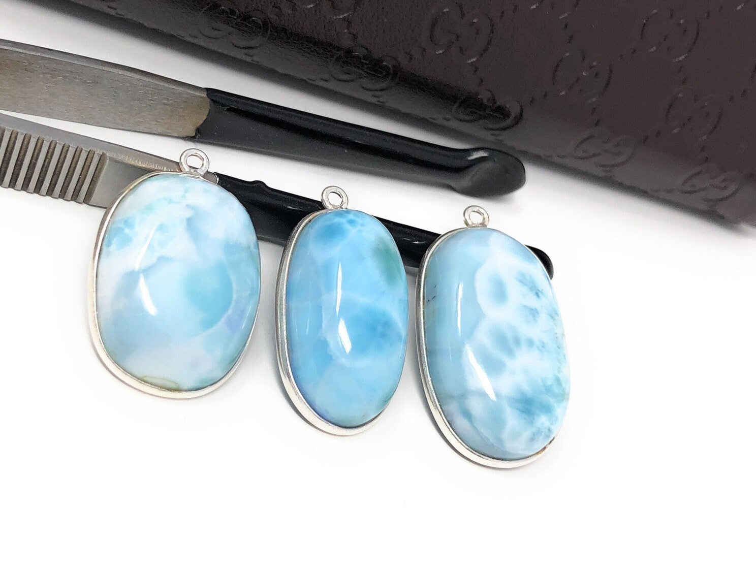 3 Pc AAA Grade Larimar Gemstone Charms, Sterling Silver DIY Jewelry Supplies