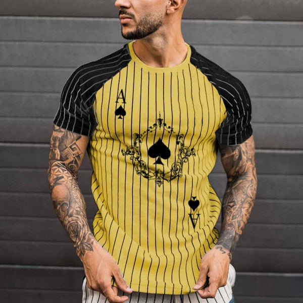 Men's Striped T-Shirt Summer Casual Round Neck Short Sleeve Poker Print Top