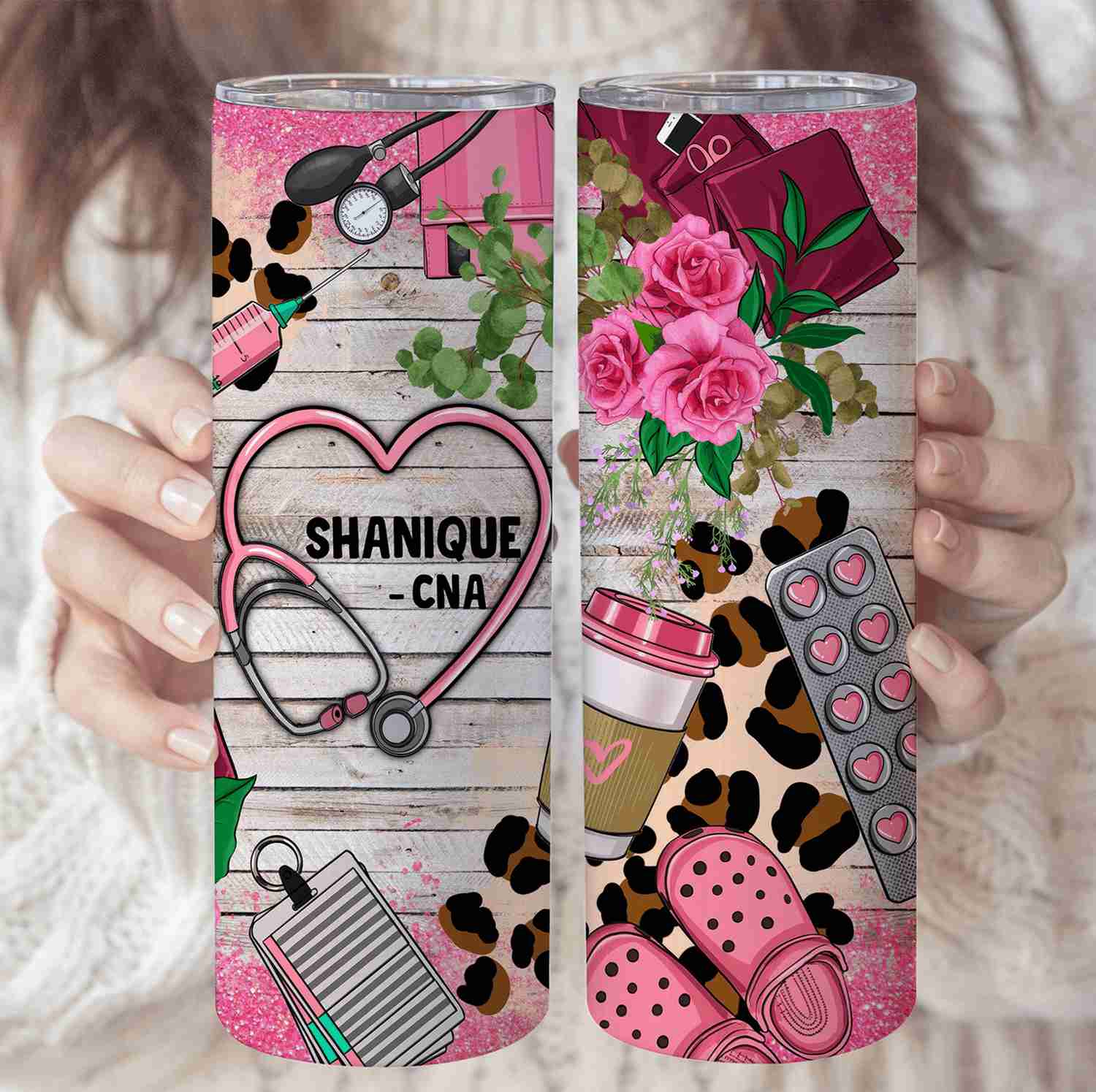 Pink Leopard Prints Lace Floral Nurse - Personalized Custom 20oz Skinny Tumbler Cup