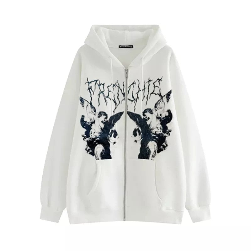Women's Zip Up Hoodie - Goth Punk Pocket Print Long Sleeve Jacket