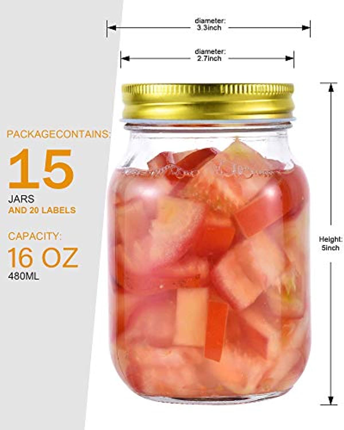 Rainforce 16 oz Mason Jars With Lids Regular Mouth 15 Pack - Clear Glass Jars For Meal Prep & Food Storage