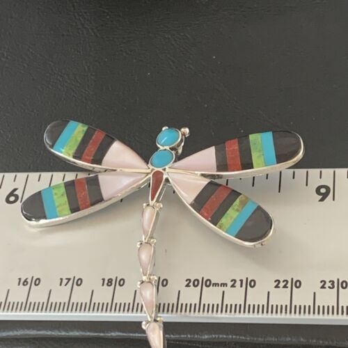 Handmade Zuni Coral Turquoise Inlay Dragonfly Sterling Silver Necklace Pendant
