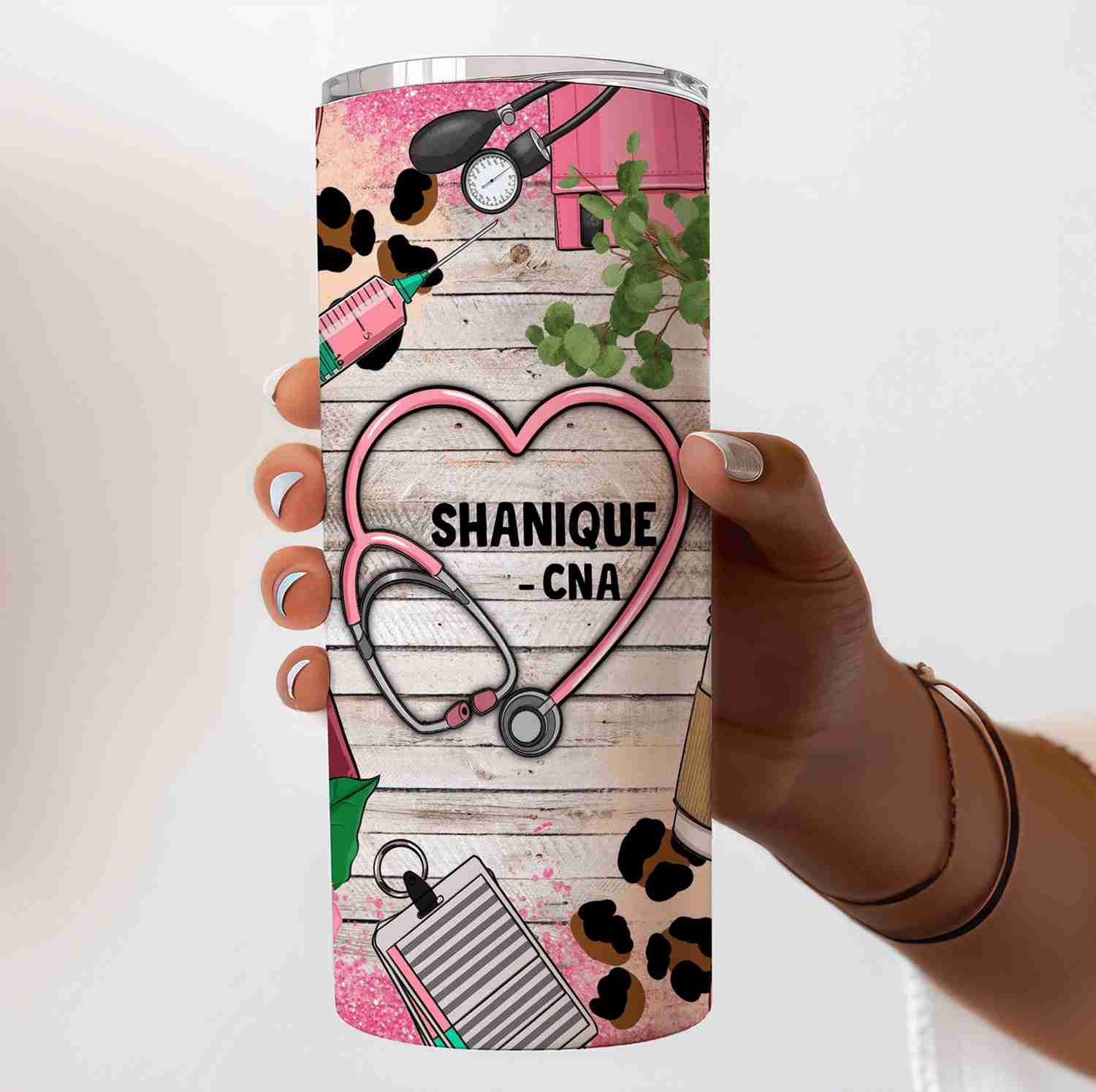 Pink Leopard Prints Lace Floral Nurse - Personalized Custom 20oz Skinny Tumbler Cup