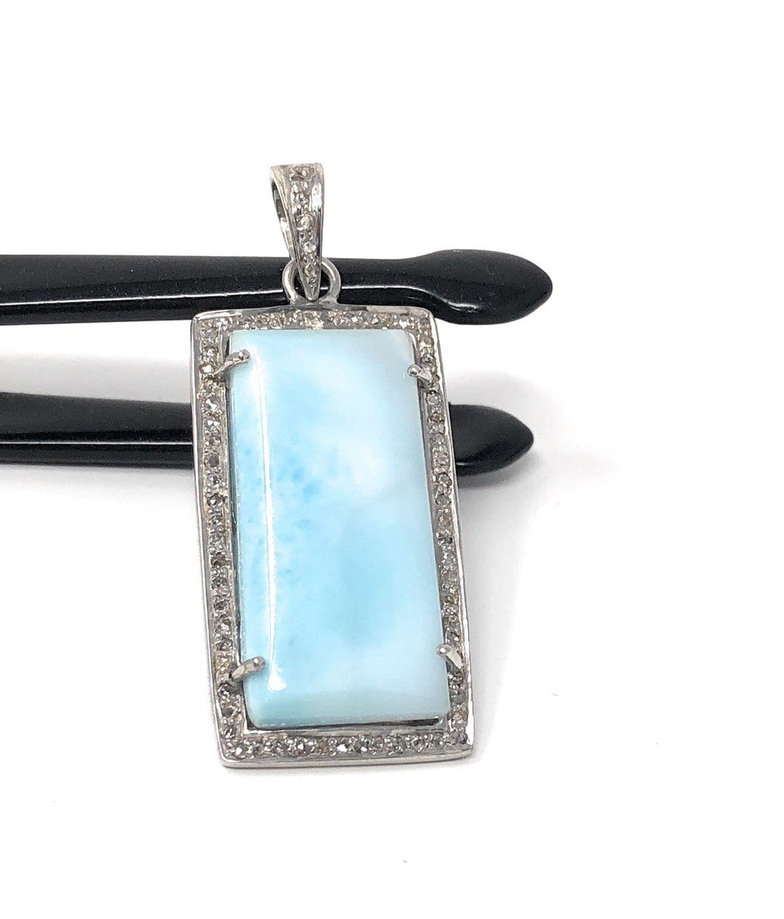 Natural Larimar Gemstone Pendant with Pave Diamonds in Sterling Silver
