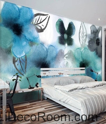 Abstract Watercolor Blue Flowers Wallpaper Wall Decals - Home Decor Gift