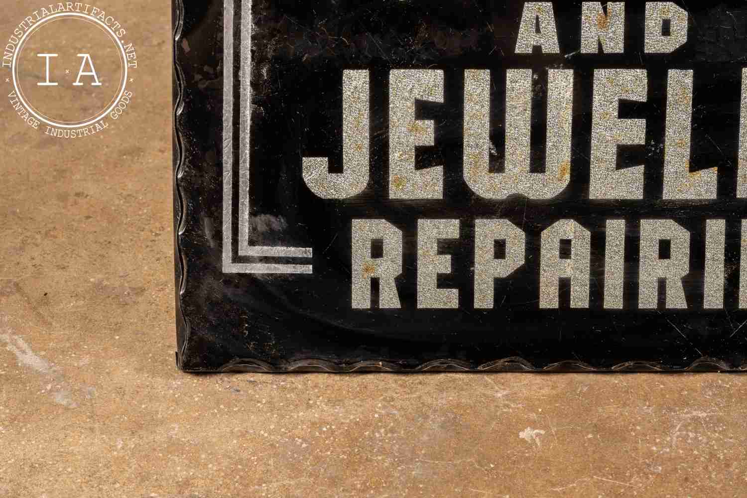 Antique Glue Chipped Scalloped Glass Watch Repair Sign