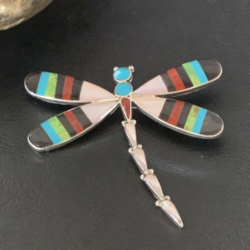 Handmade Zuni Coral Turquoise Inlay Dragonfly Sterling Silver Necklace Pendant