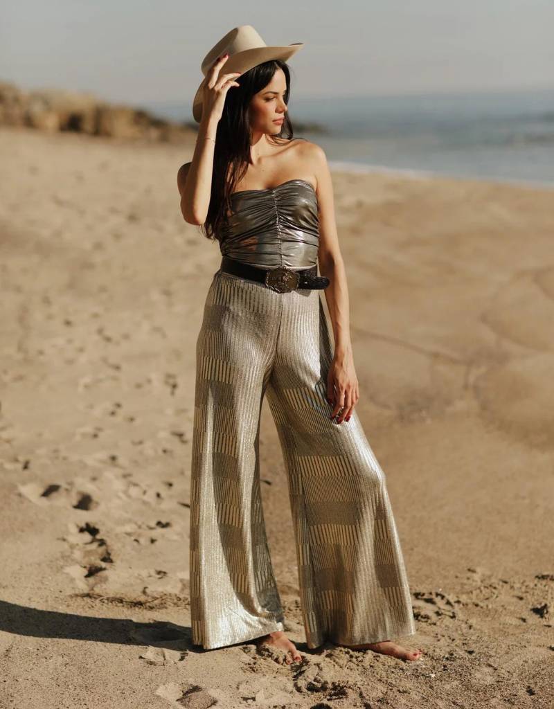 Nightcap Clothing High Waist Lamè Wide Leg Pant in Taupe & Gold