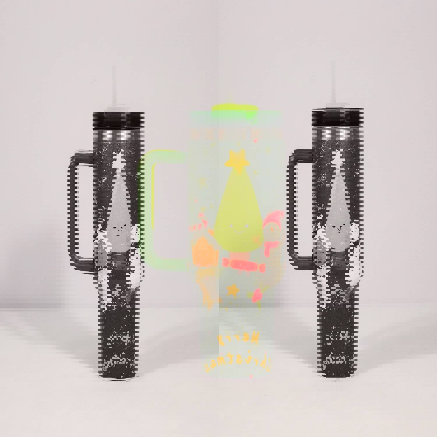 New Christmas Pattern Stainless Steel Vacuum Tumbler with Handle and Straw