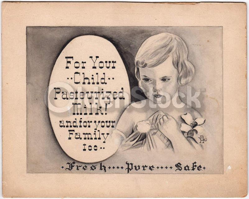 Vintage Pasteurized Milk Advertising Art Sketch on Board