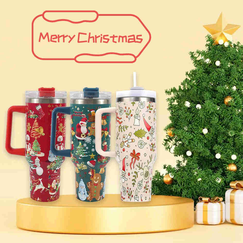 New Christmas Pattern Stainless Steel Vacuum Tumbler with Handle and Straw