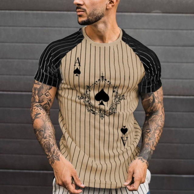 Men's Striped T-Shirt Summer Casual Round Neck Short Sleeve Poker Print Top