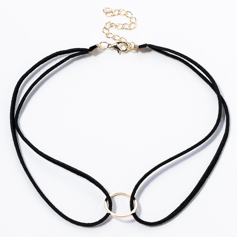 Punk Black White Brown Leather Choker Necklace with Gold Geometry Pendant for Women and Girls