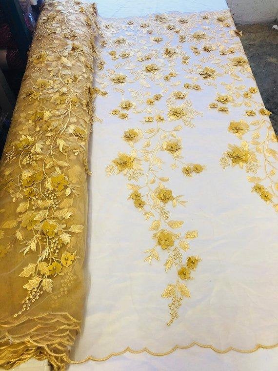 Gold 3D Floral Design Embroidered and Beaded Mesh Lace for Dresses and Decor