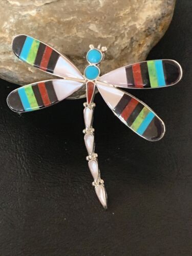 Handmade Zuni Coral Turquoise Inlay Dragonfly Sterling Silver Necklace Pendant