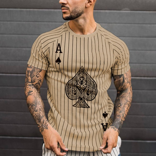 Men's Striped T-Shirt Summer Casual Round Neck Short Sleeve Poker Print Top